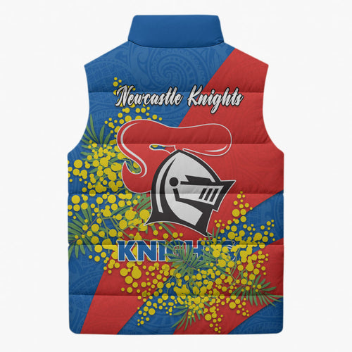 Newcastle Knights Sleeveless Puffer Jacket Golden Wattle Floral Polynesian - Australian Flower - Rugby Mascot