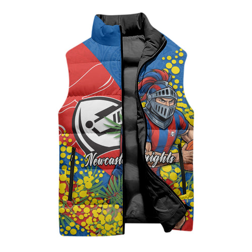 Newcastle Knights Sleeveless Puffer Jacket Golden Wattle Floral Polynesian - Australian Flower - Rugby Mascot