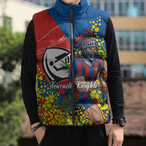 Newcastle Knights Sleeveless Puffer Jacket Golden Wattle Floral Polynesian - Australian Flower - Rugby Mascot