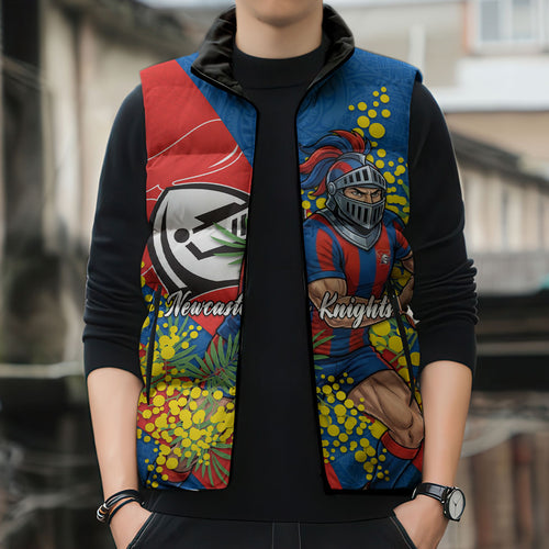 Newcastle Knights Sleeveless Puffer Jacket Golden Wattle Floral Polynesian - Australian Flower - Rugby Mascot