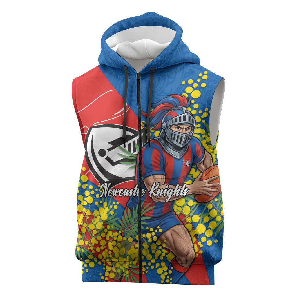 Newcastle Knights Sleeveless Zip Hoodie Golden Wattle Floral Polynesian - Australian Flower - Rugby Mascot