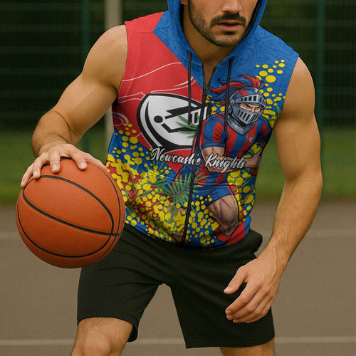 Newcastle Knights Sleeveless Zip Hoodie Golden Wattle Floral Polynesian - Australian Flower - Rugby Mascot