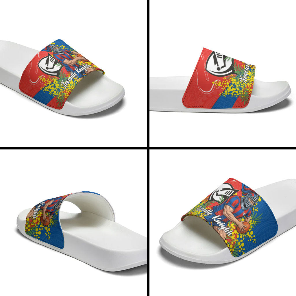 Newcastle Knights Slide Sandals Golden Wattle Floral Polynesian - Australian Flower - Rugby Mascot