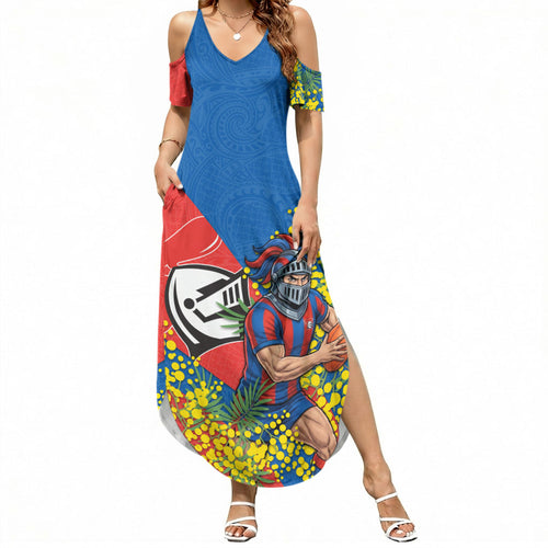 Newcastle Knights Summer Maxi Dress Golden Wattle Floral Polynesian - Australian Flower - Rugby Mascot