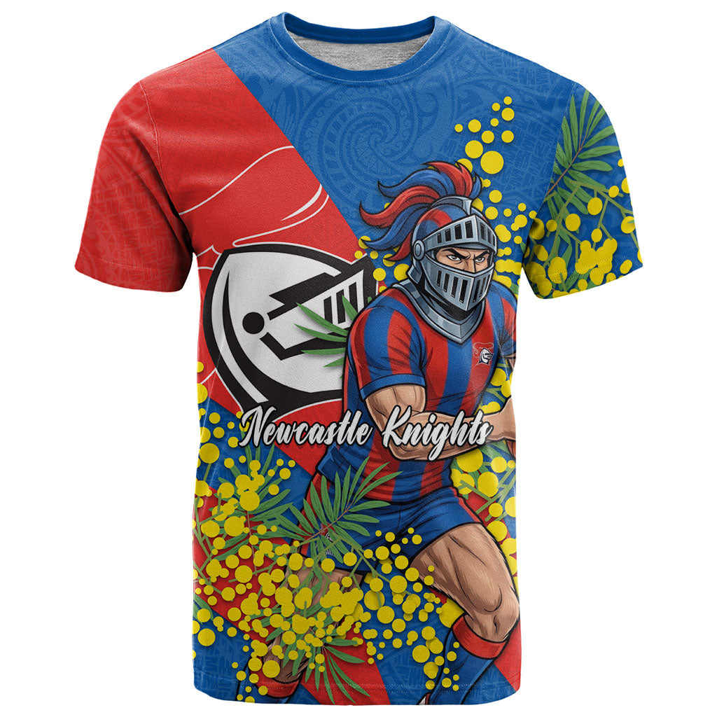 Newcastle Knights T Shirt Golden Wattle Floral Polynesian - Australian Flower - Rugby Mascot