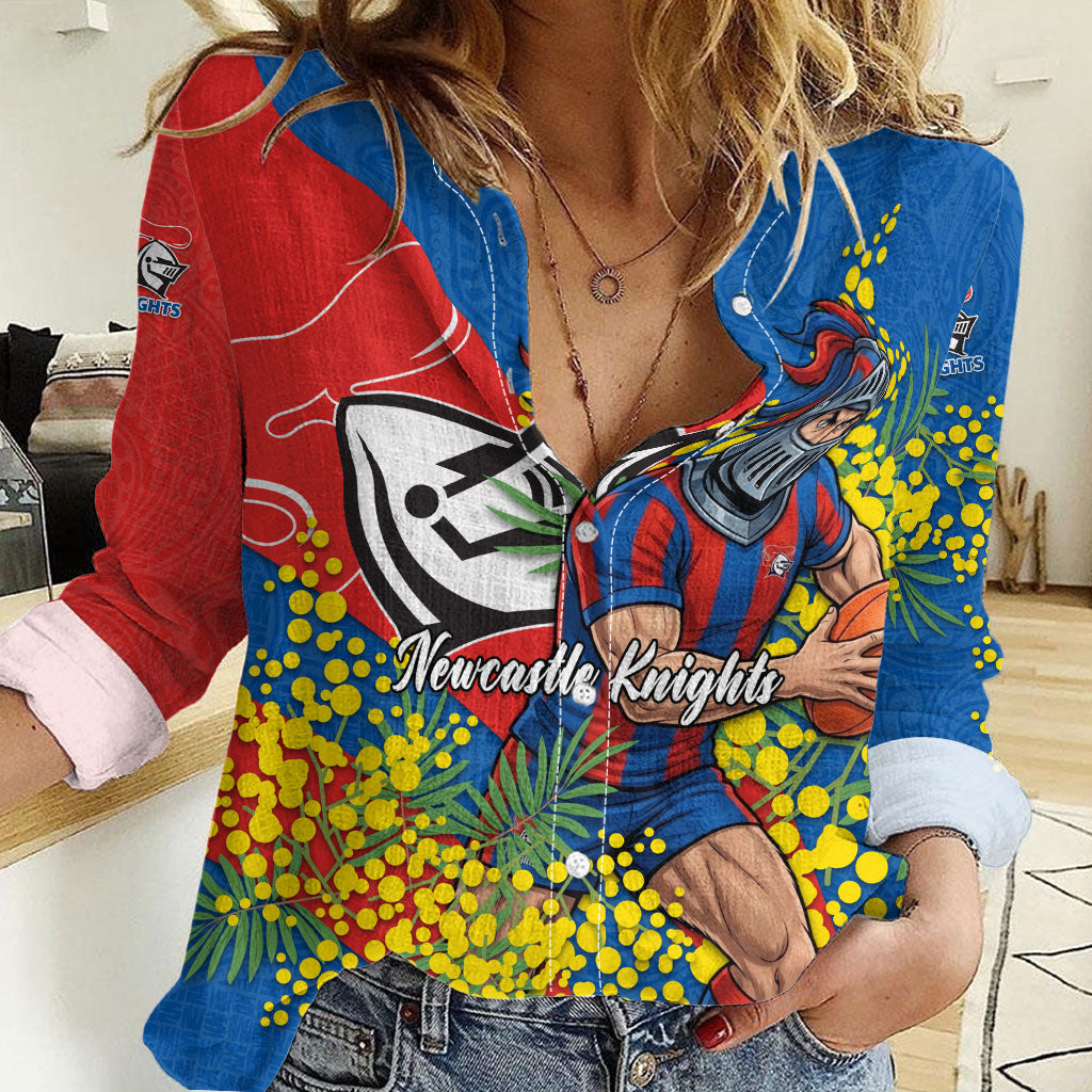 Newcastle Knights Women Casual Shirt Golden Wattle Floral Polynesian - Australian Flower - Rugby Mascot