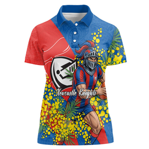 Newcastle Knights Women Polo Shirt Golden Wattle Floral Polynesian - Australian Flower - Rugby Mascot