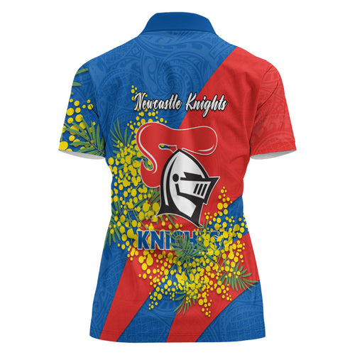 Newcastle Knights Women Polo Shirt Golden Wattle Floral Polynesian - Australian Flower - Rugby Mascot