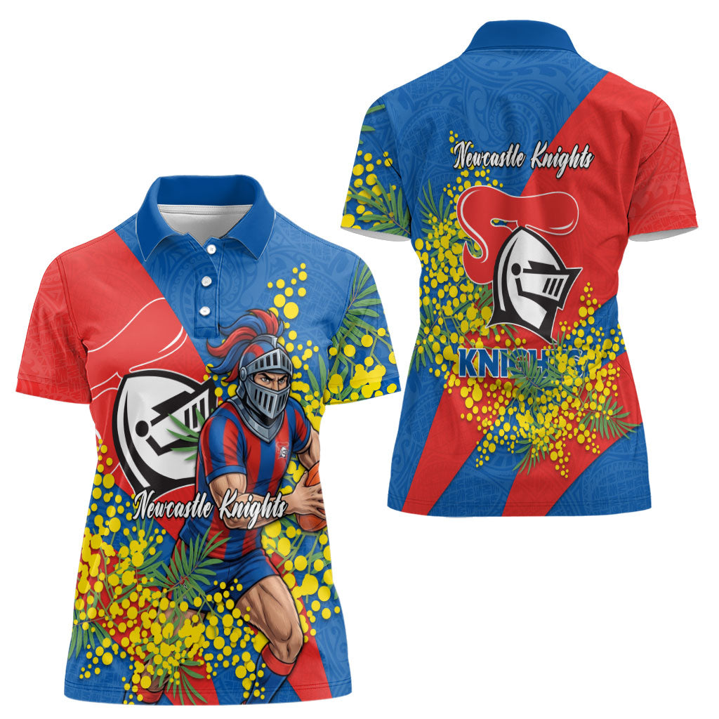 Newcastle Knights Women Polo Shirt Golden Wattle Floral Polynesian - Australian Flower - Rugby Mascot