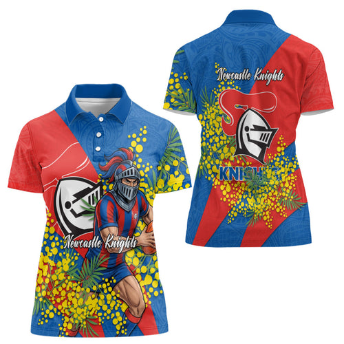 Newcastle Knights Women Polo Shirt Golden Wattle Floral Polynesian - Australian Flower - Rugby Mascot