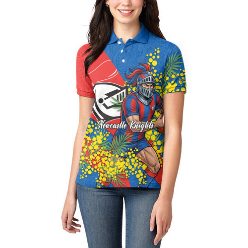 Newcastle Knights Women Polo Shirt Golden Wattle Floral Polynesian - Australian Flower - Rugby Mascot