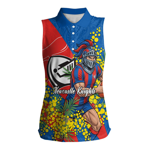 Newcastle Knights Women Sleeveless Polo Shirt Golden Wattle Floral Polynesian - Australian Flower - Rugby Mascot