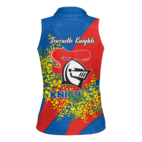 Newcastle Knights Women Sleeveless Polo Shirt Golden Wattle Floral Polynesian - Australian Flower - Rugby Mascot