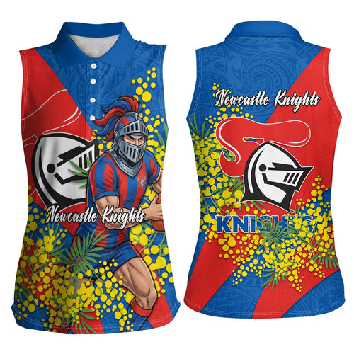 Newcastle Knights Women Sleeveless Polo Shirt Golden Wattle Floral Polynesian - Australian Flower - Rugby Mascot