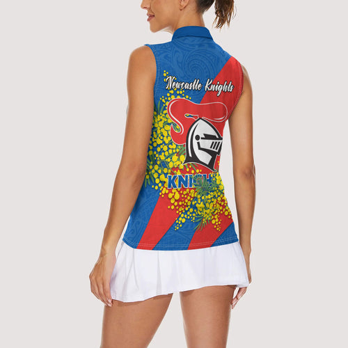 Newcastle Knights Women Sleeveless Polo Shirt Golden Wattle Floral Polynesian - Australian Flower - Rugby Mascot