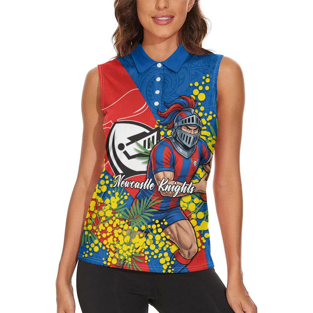 Newcastle Knights Women Sleeveless Polo Shirt Golden Wattle Floral Polynesian - Australian Flower - Rugby Mascot