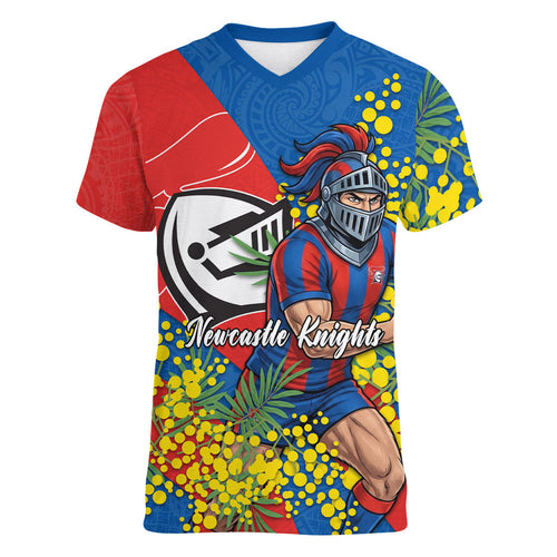Newcastle Knights Women V-Neck T-Shirt Golden Wattle Floral Polynesian - Australian Flower - Rugby Mascot
