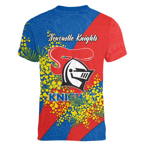Newcastle Knights Women V-Neck T-Shirt Golden Wattle Floral Polynesian - Australian Flower - Rugby Mascot