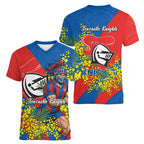 Newcastle Knights Women V-Neck T-Shirt Golden Wattle Floral Polynesian - Australian Flower - Rugby Mascot