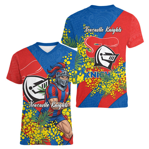 Newcastle Knights Women V-Neck T-Shirt Golden Wattle Floral Polynesian - Australian Flower - Rugby Mascot