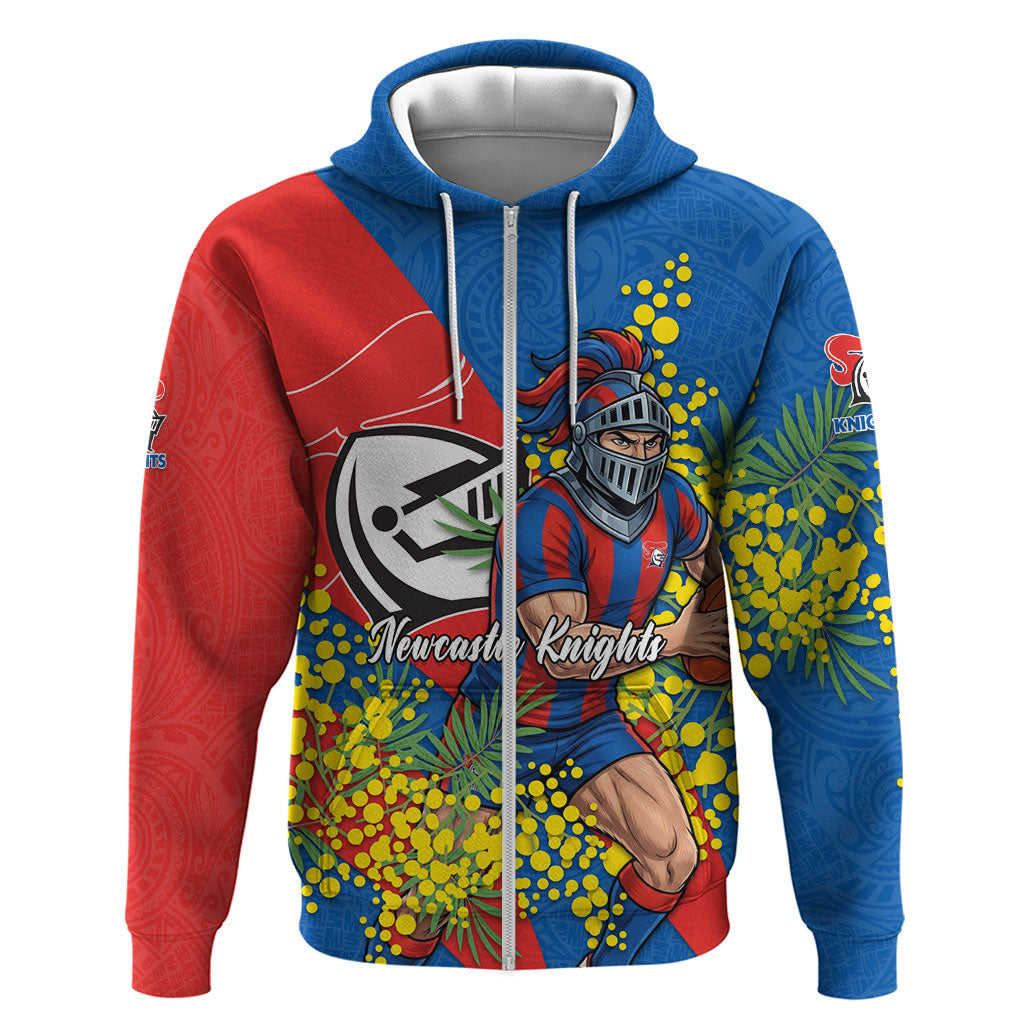 Newcastle Knights Zip Hoodie Golden Wattle Floral Polynesian - Australian Flower - Rugby Mascot