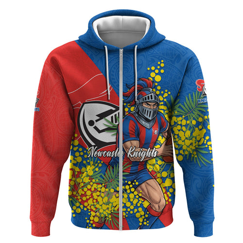 Newcastle Knights Zip Hoodie Golden Wattle Floral Polynesian - Australian Flower - Rugby Mascot