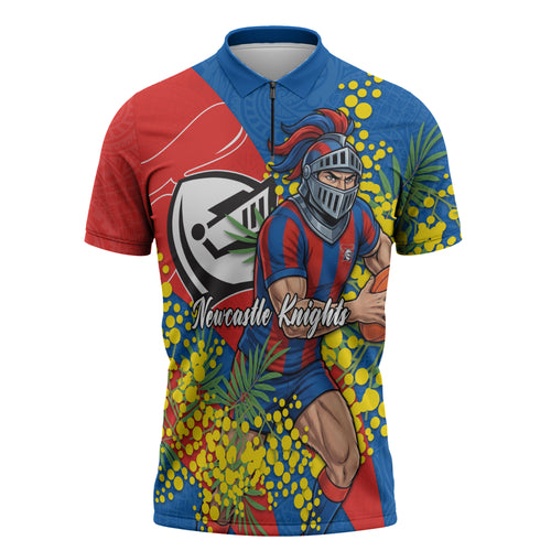 Newcastle Knights Zipper Polo Shirt Golden Wattle Floral Polynesian - Australian Flower - Rugby Mascot