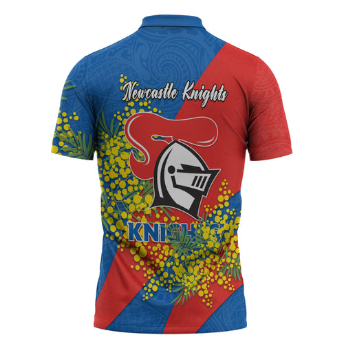 Newcastle Knights Zipper Polo Shirt Golden Wattle Floral Polynesian - Australian Flower - Rugby Mascot