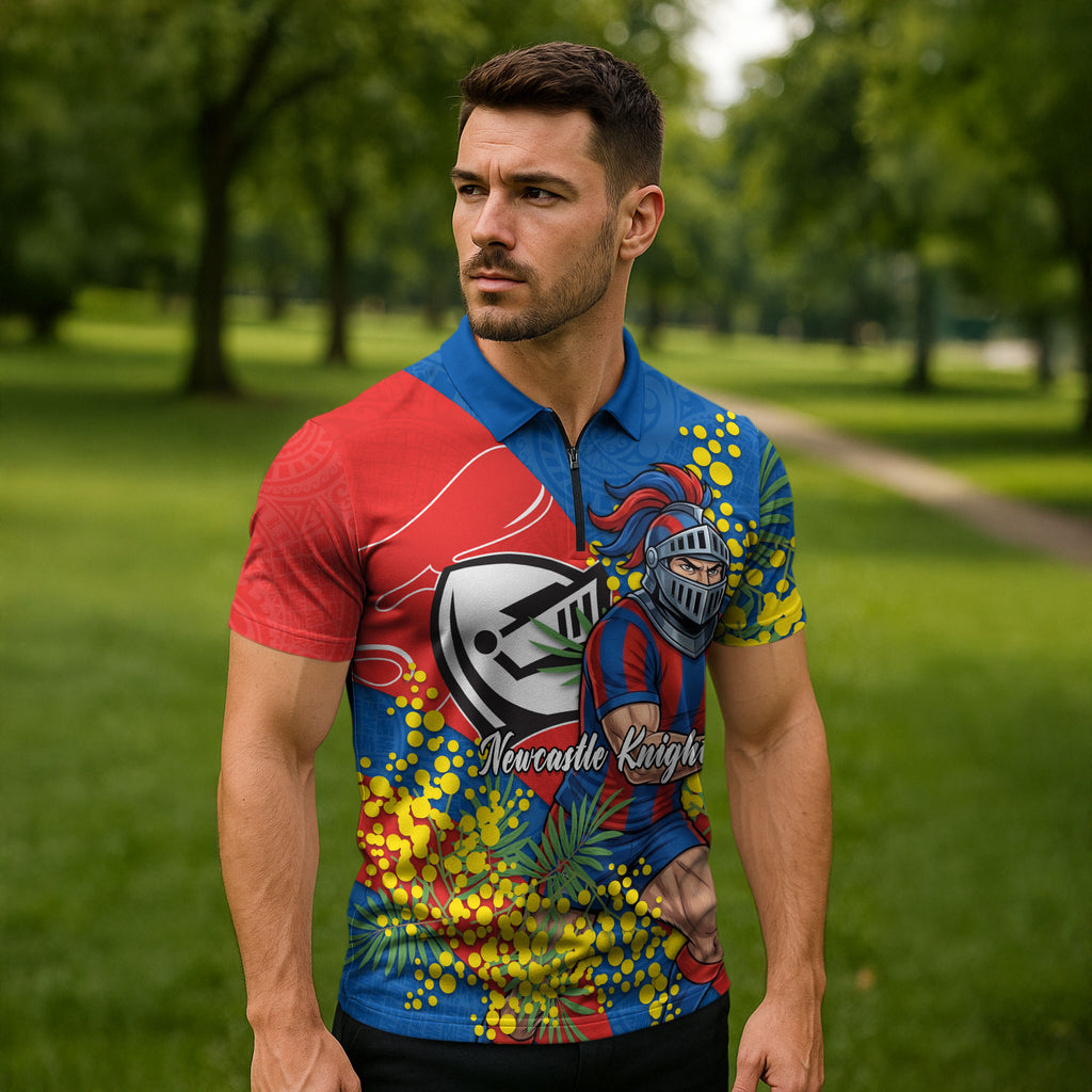 Newcastle Knights Zipper Polo Shirt Golden Wattle Floral Polynesian - Australian Flower - Rugby Mascot