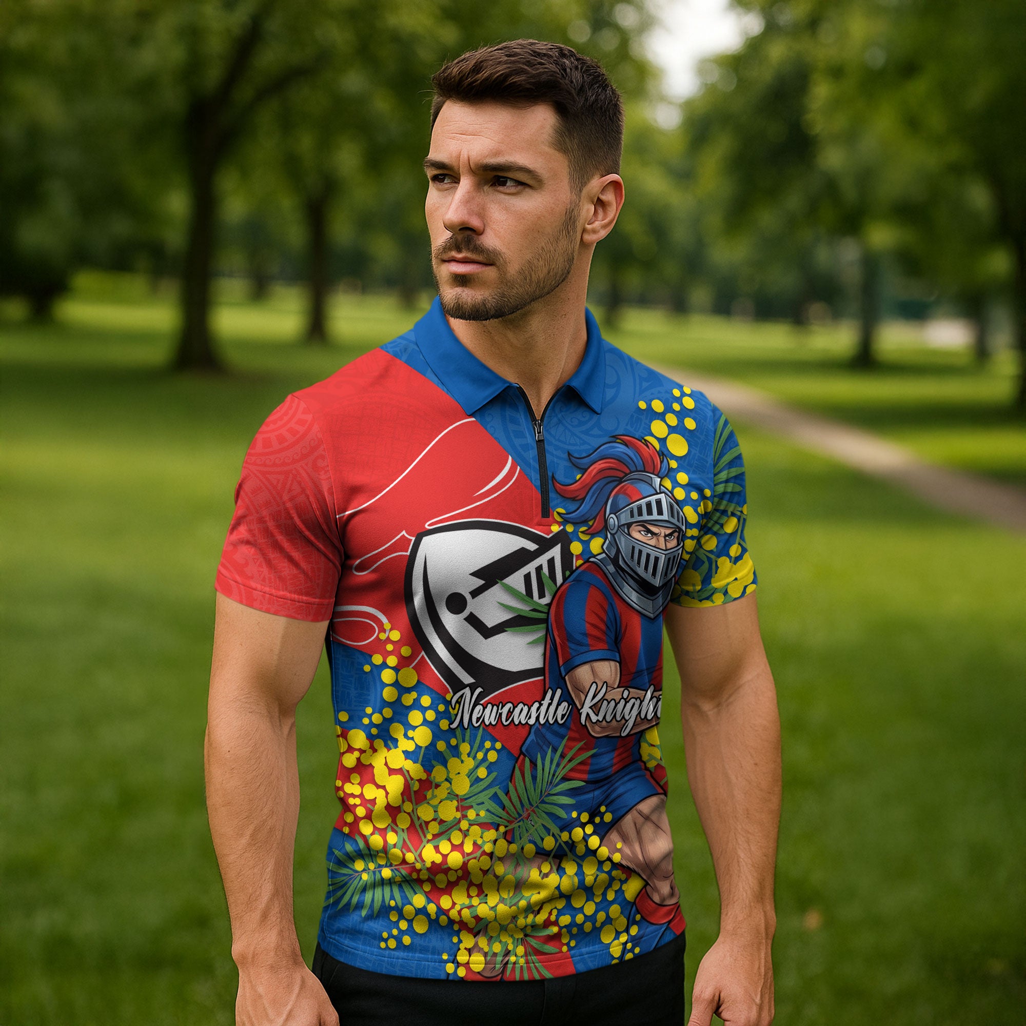 Newcastle Knights Zipper Polo Shirt Golden Wattle Floral Polynesian - Australian Flower - Rugby Mascot