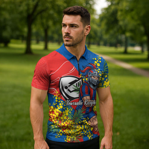Newcastle Knights Zipper Polo Shirt Golden Wattle Floral Polynesian - Australian Flower - Rugby Mascot