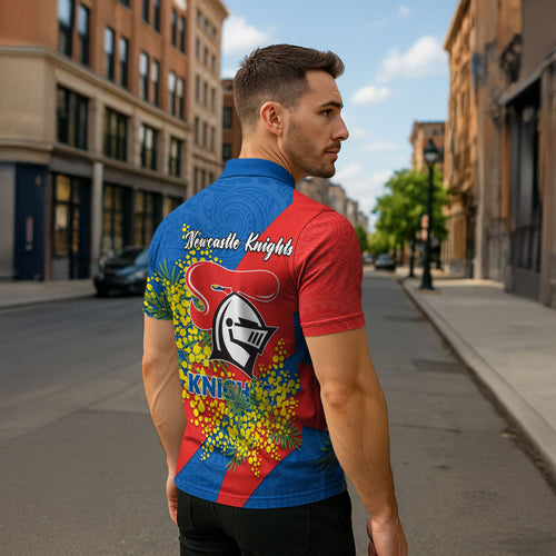 Newcastle Knights Zipper Polo Shirt Golden Wattle Floral Polynesian - Australian Flower - Rugby Mascot