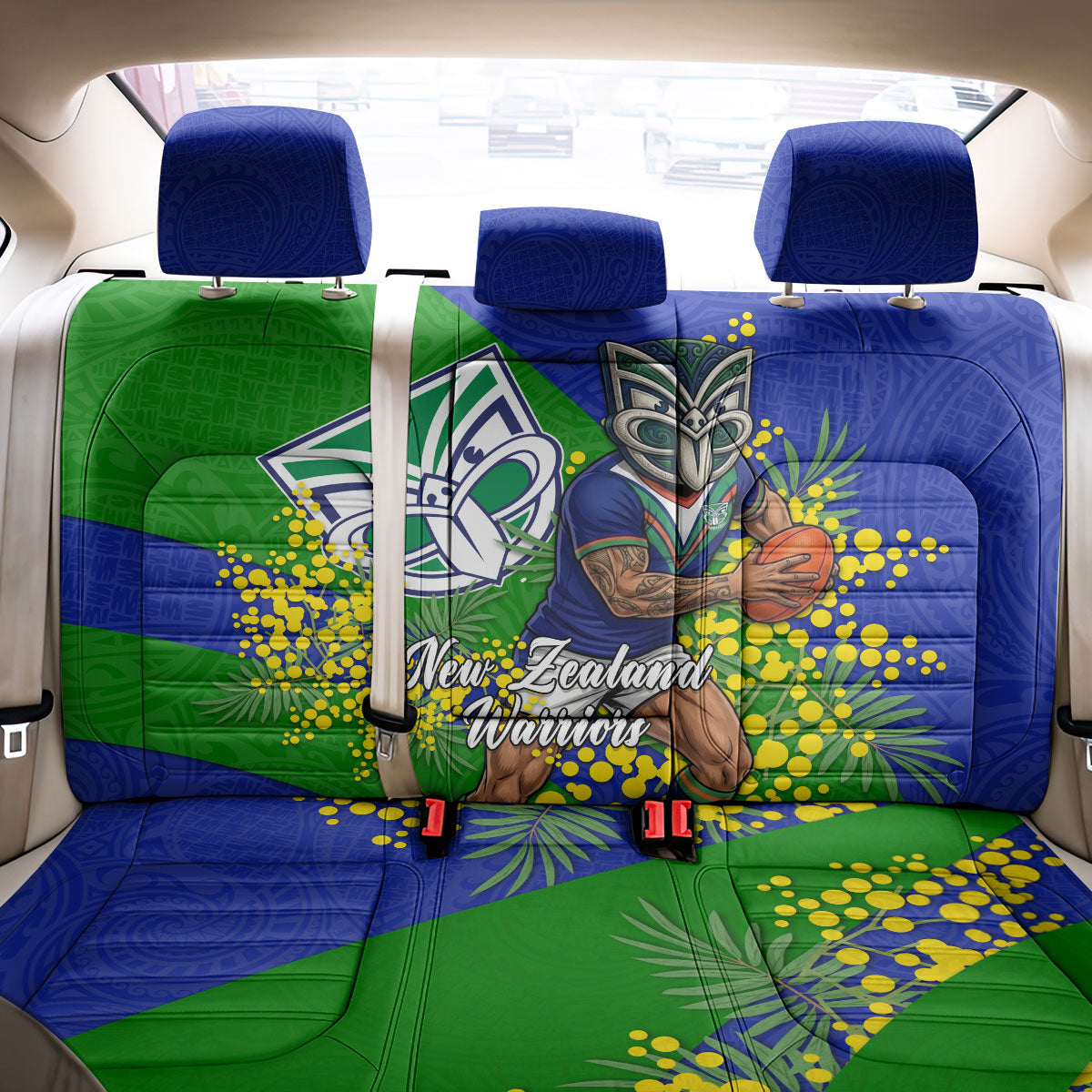 New Zealand Warriors Back Car Seat Cover Golden Wattle Floral Polynesian - Australian Flower - Rugby Mascot