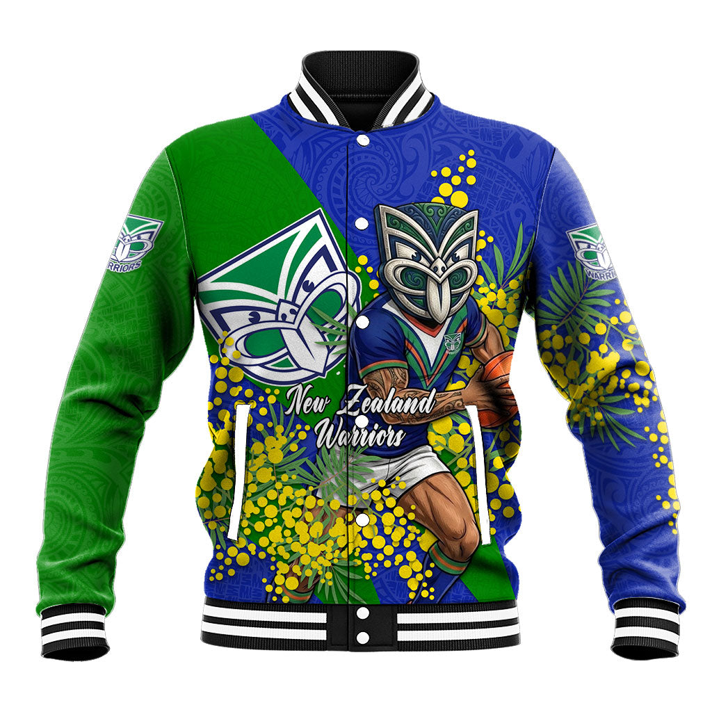 New Zealand Warriors Baseball Jacket Golden Wattle Floral Polynesian - Australian Flower - Rugby Mascot
