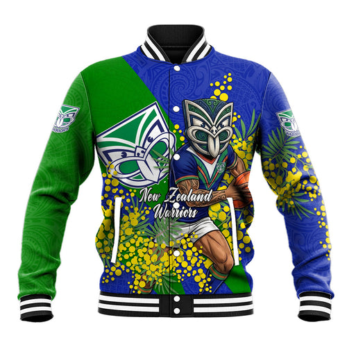 New Zealand Warriors Baseball Jacket Golden Wattle Floral Polynesian - Australian Flower - Rugby Mascot