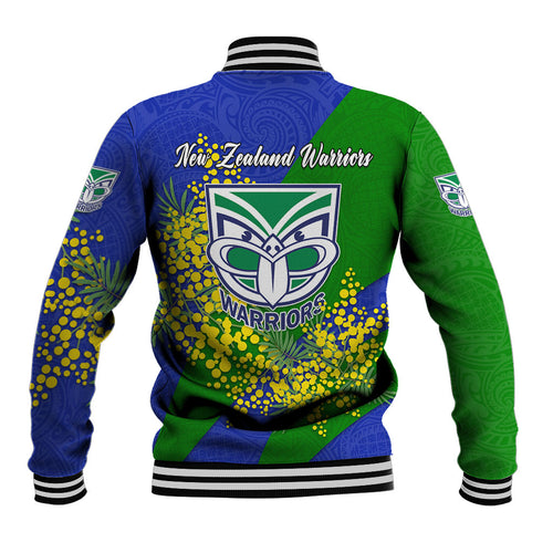 New Zealand Warriors Baseball Jacket Golden Wattle Floral Polynesian - Australian Flower - Rugby Mascot
