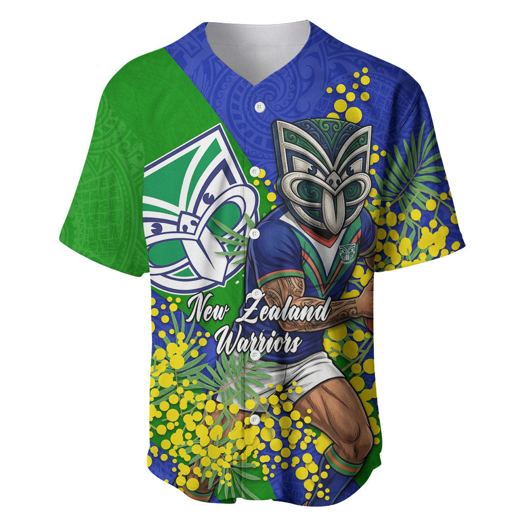 New Zealand Warriors Baseball Jersey Golden Wattle Floral Polynesian - Australian Flower - Rugby Mascot