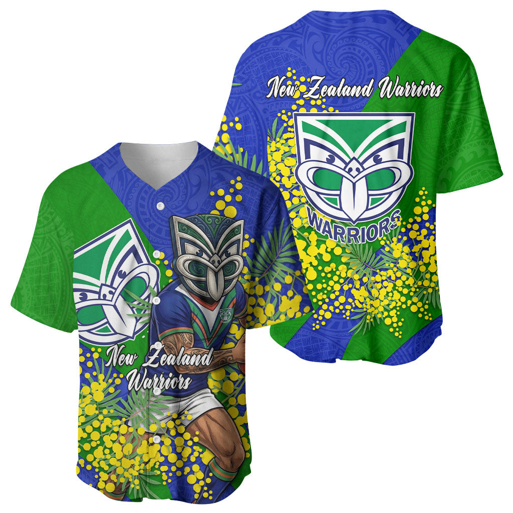New Zealand Warriors Baseball Jersey Golden Wattle Floral Polynesian - Australian Flower - Rugby Mascot