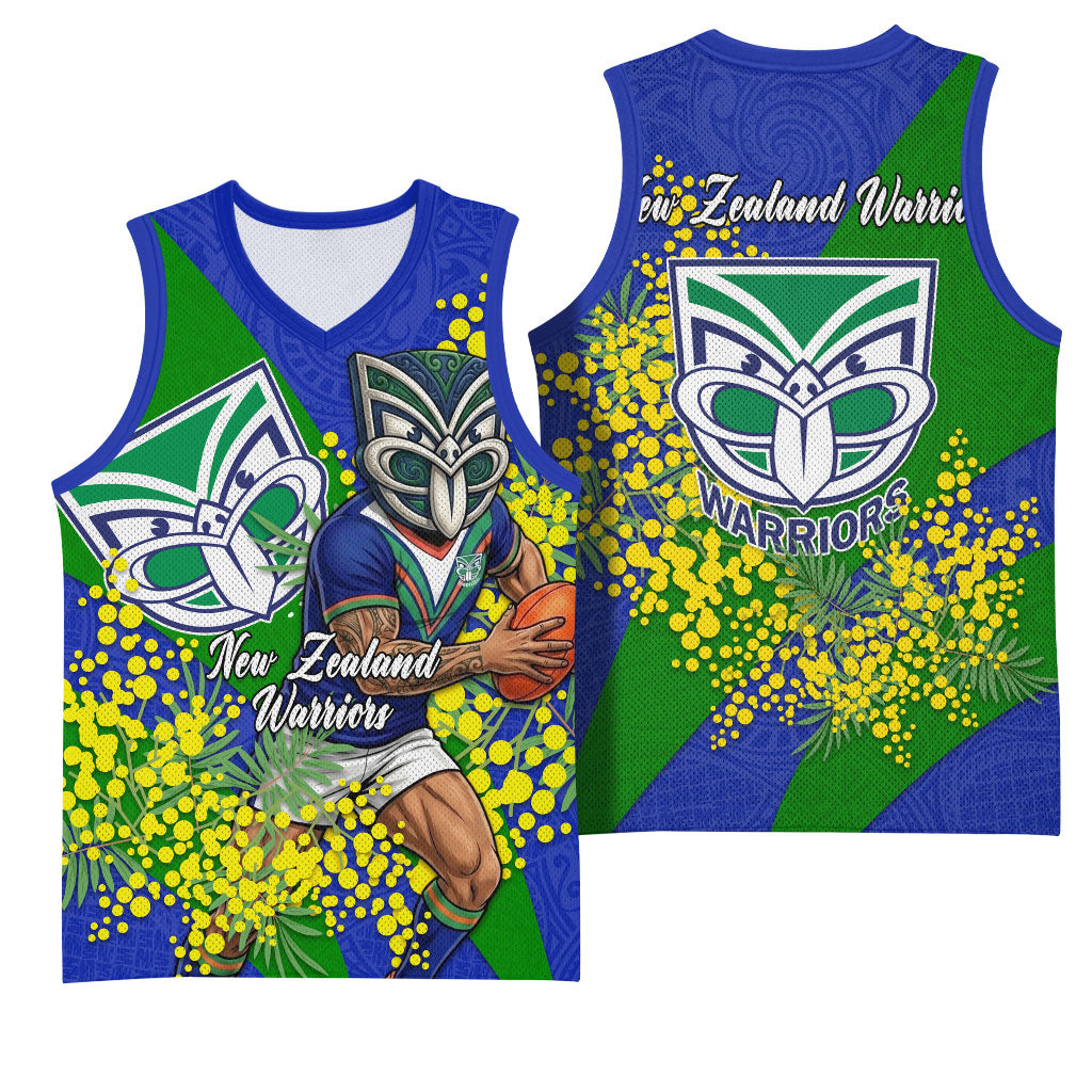 New Zealand Warriors Basketball Jersey Golden Wattle Floral Polynesian - Australian Flower - Rugby Mascot