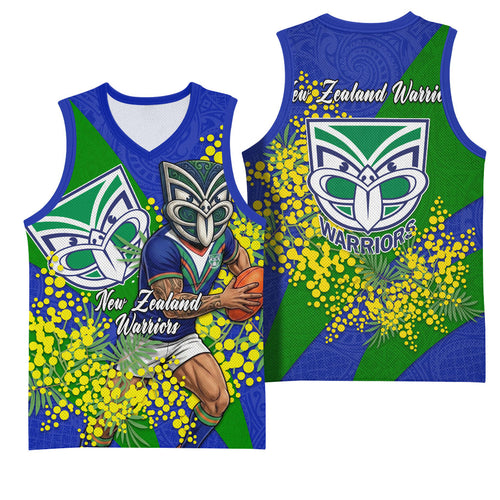 New Zealand Warriors Basketball Jersey Golden Wattle Floral Polynesian - Australian Flower - Rugby Mascot
