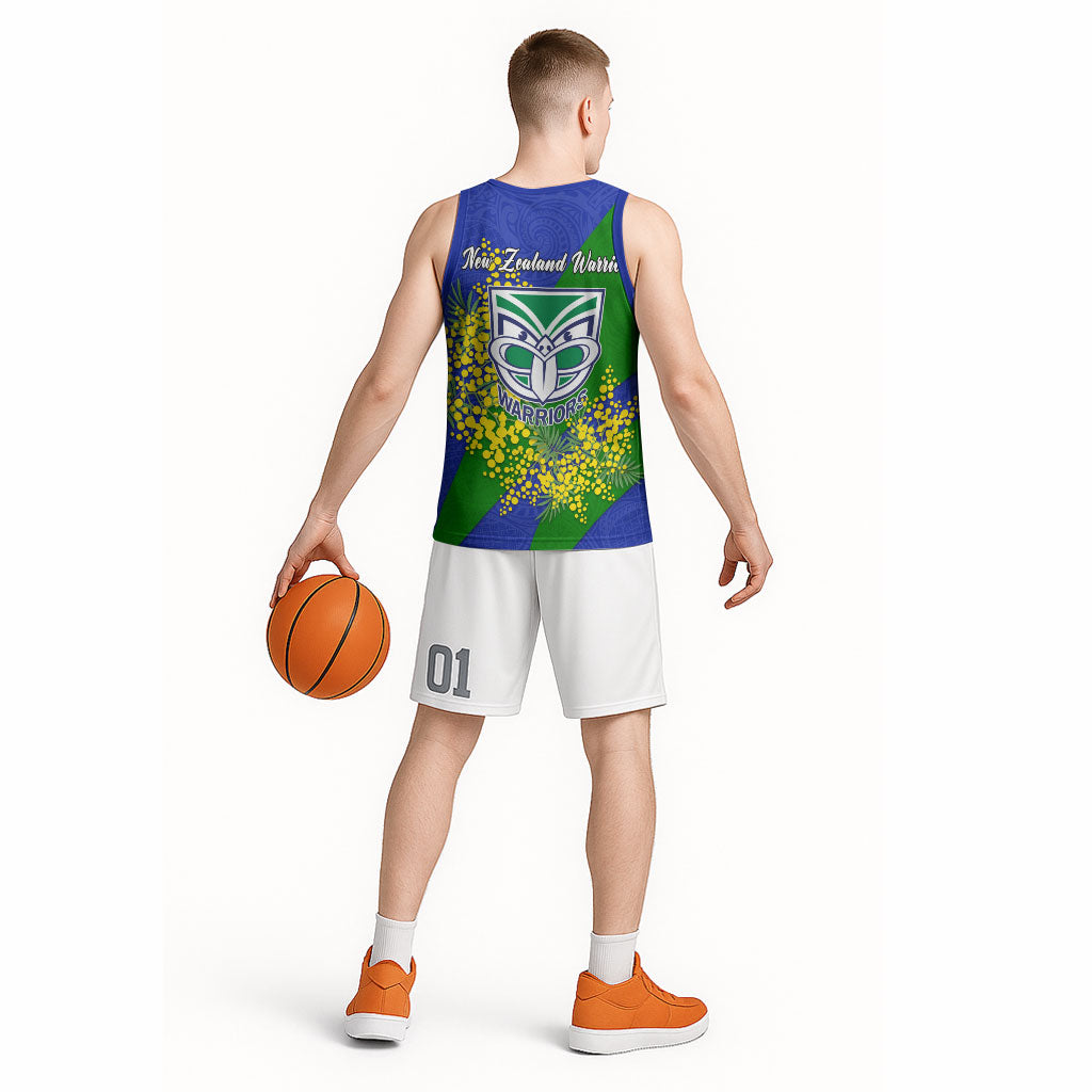 New Zealand Warriors Basketball Jersey Golden Wattle Floral Polynesian - Australian Flower - Rugby Mascot