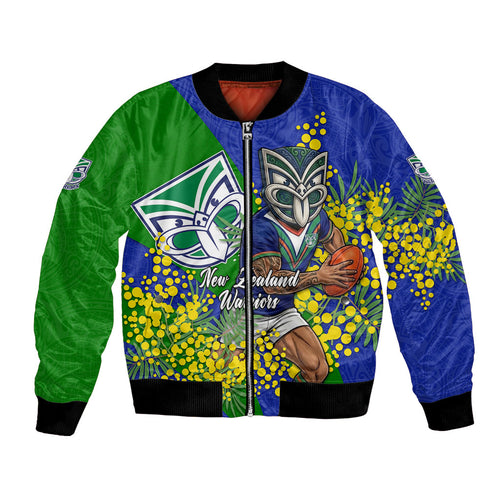 New Zealand Warriors Bomber Jacket Golden Wattle Floral Polynesian - Australian Flower - Rugby Mascot