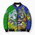New Zealand Warriors Bomber Puffer Jacket Golden Wattle Floral Polynesian - Australian Flower - Rugby Mascot