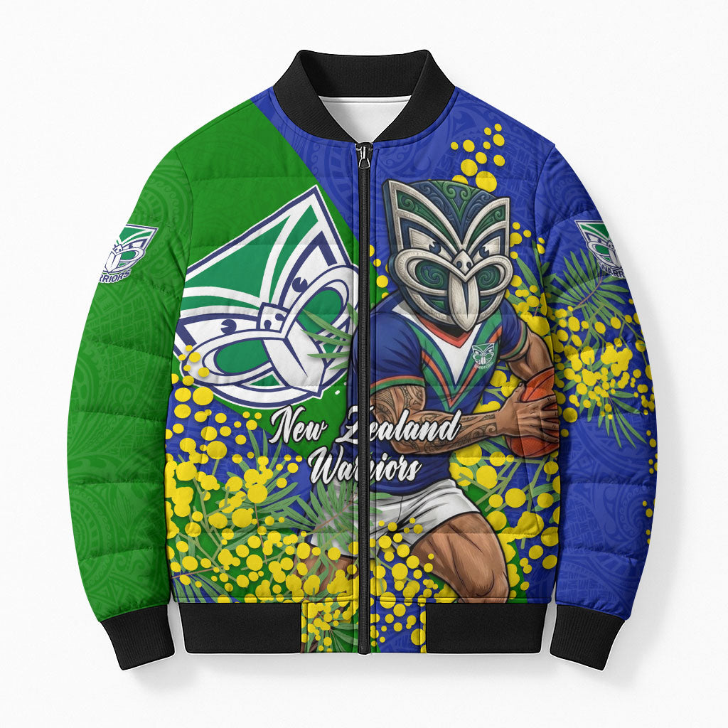 New Zealand Warriors Bomber Puffer Jacket Golden Wattle Floral Polynesian - Australian Flower - Rugby Mascot