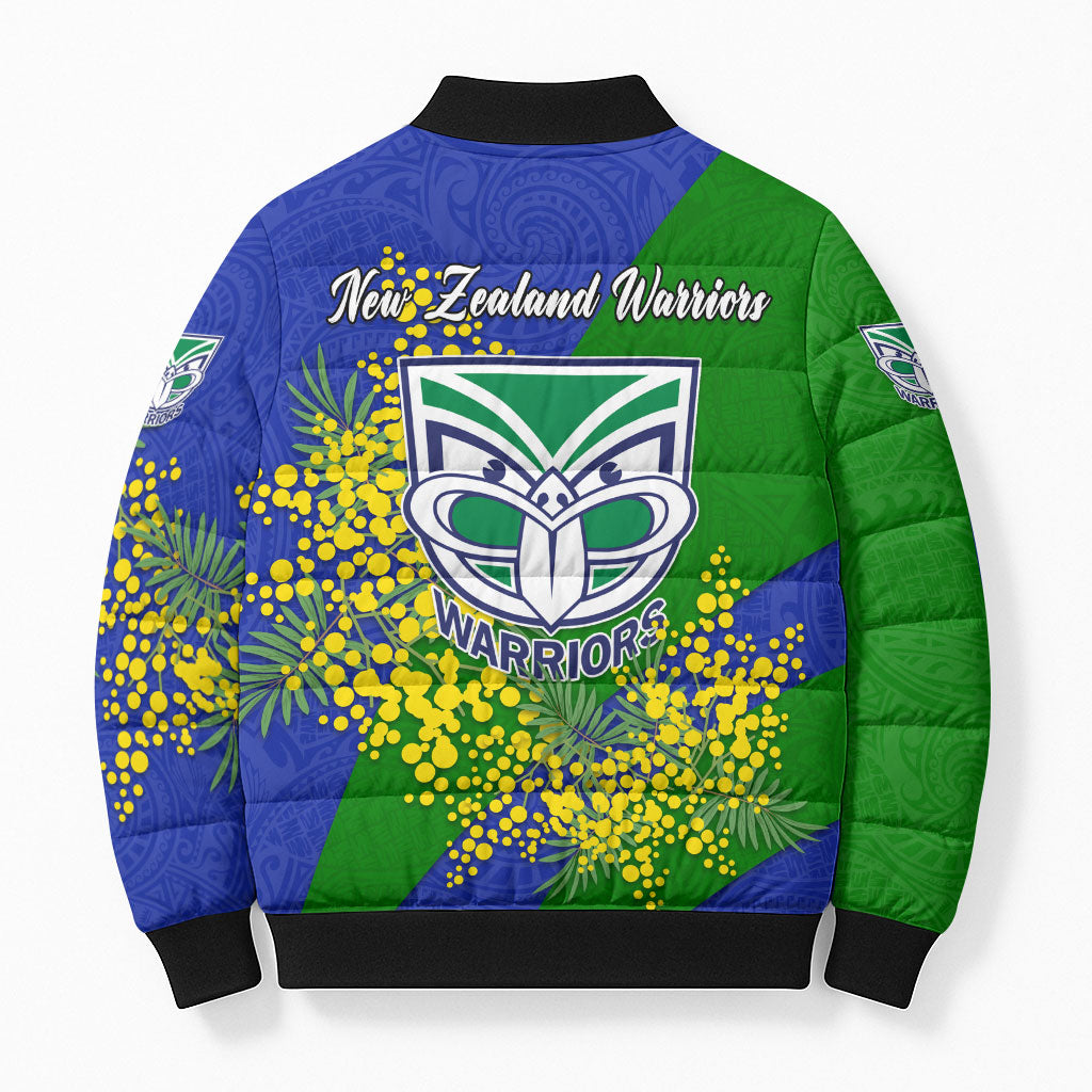 New Zealand Warriors Bomber Puffer Jacket Golden Wattle Floral Polynesian - Australian Flower - Rugby Mascot