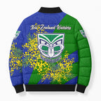 New Zealand Warriors Bomber Puffer Jacket Golden Wattle Floral Polynesian - Australian Flower - Rugby Mascot
