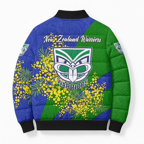 New Zealand Warriors Bomber Puffer Jacket Golden Wattle Floral Polynesian - Australian Flower - Rugby Mascot