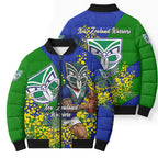 New Zealand Warriors Bomber Puffer Jacket Golden Wattle Floral Polynesian - Australian Flower - Rugby Mascot