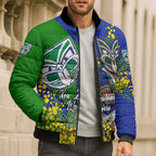 New Zealand Warriors Bomber Puffer Jacket Golden Wattle Floral Polynesian - Australian Flower - Rugby Mascot