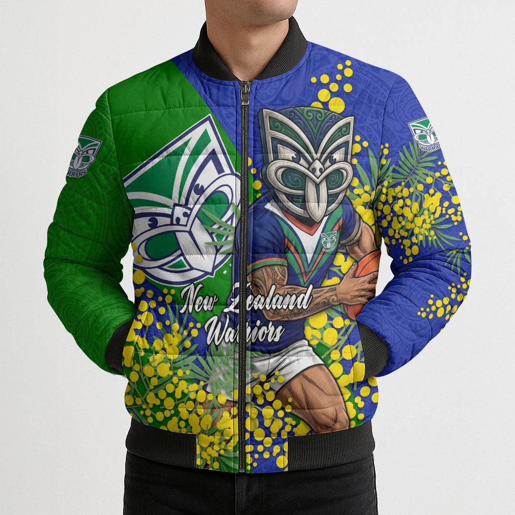 New Zealand Warriors Bomber Puffer Jacket Golden Wattle Floral Polynesian - Australian Flower - Rugby Mascot